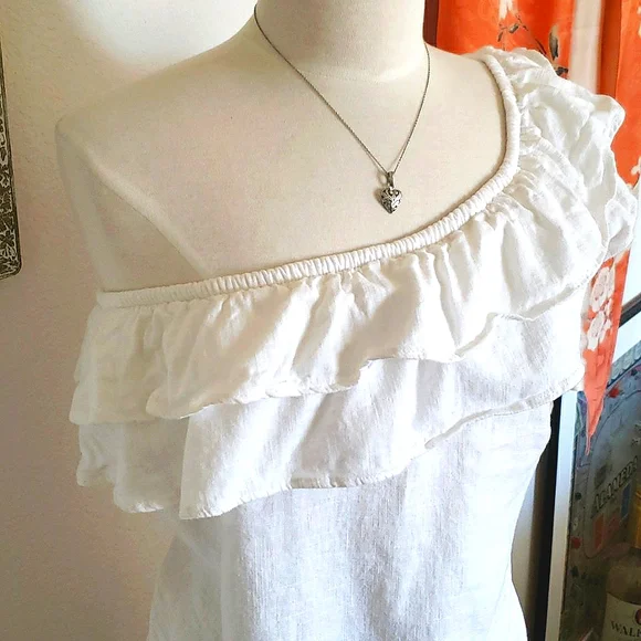 Next White Ruffle One Shoulder Linen Top Size 10 - Picture 2 of 9